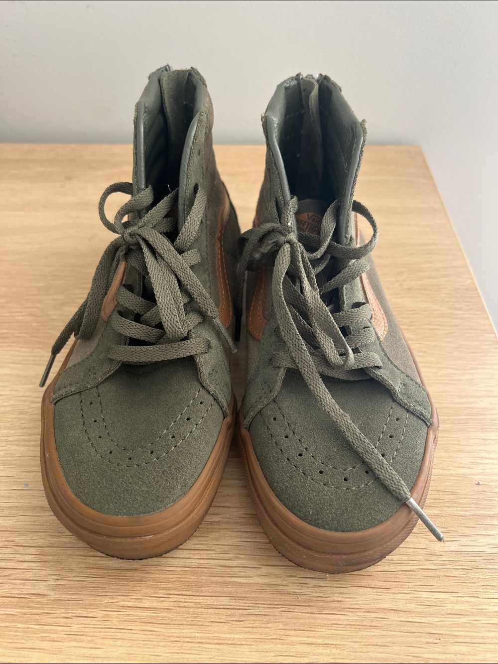 Vans Olive Green High-Top Sneakers with Gum Sole and Tan Stripe